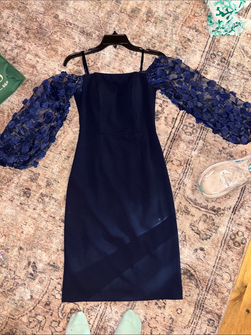 Navy Off-Shoulder Dress with Floral Puff Sleeves